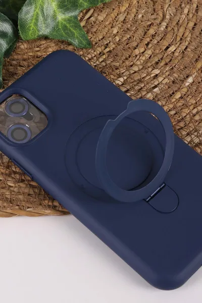 Lacivert TeknoCase İPhone 11 Uyumlu Ringy Case Serisi Standlı Lens Hediyeli Sert Silikon Telefon Kılıfı 450158