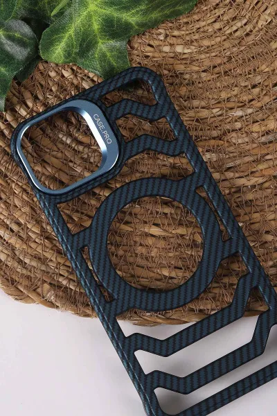 Lacivert TeknoCase İPhone 13 Uyumlu Creative Fiber Case Serisi Lens Hediyeli Vakumlu Sert Silikon Telefon Kılıfı 430898