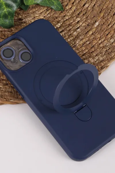 Lacivert TeknoCase İPhone 13 Uyumlu Ringy Case Serisi Standlı Lens Hediyeli Sert Silikon Telefon Kılıfı 450164