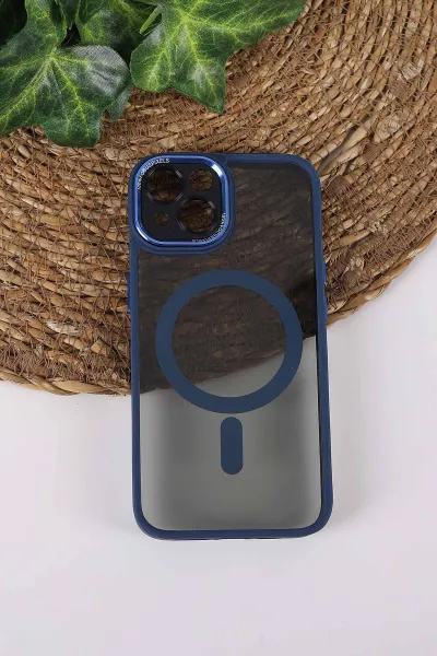 Lacivert TeknoCase İPhone 13 Uyumlu Wesley Case Serisi Magsafe Özellikli Transparan Sert Silikon Telefon Kılıfı 430587