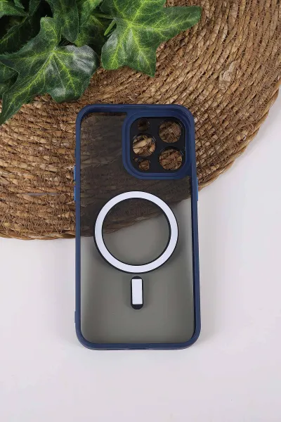 Lacivert TeknoCase İPhone 15 Pro Max Uyumlu Wesley Case Serisi Magsafe Özellikli Transparan Sert Silikon Telefon Kılıfı 430608