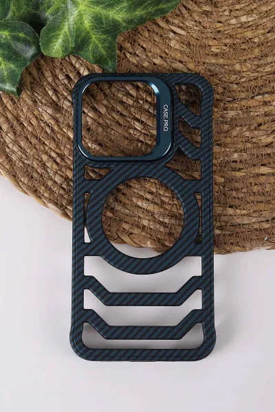 Lacivert TeknoCase İPhone 15 Pro Uyumlu Creative Fiber Case Serisi Lens Hediyeli Vakumlu Sert Silikon Telefon Kılıfı 430910