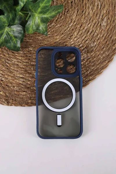 Lacivert TeknoCase İPhone 15 Pro Uyumlu Wesley Case Serisi Magsafe Özellikli Transparan Sert Silikon Telefon Kılıfı 430603
