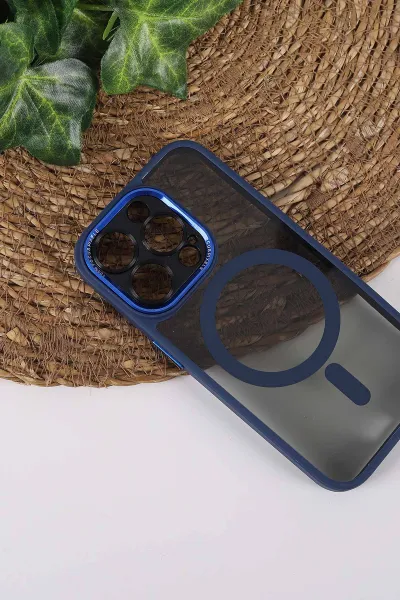 Lacivert TeknoCase İPhone 15 Pro Uyumlu Wesley Case Serisi Magsafe Özellikli Transparan Sert Silikon Telefon Kılıfı 430603