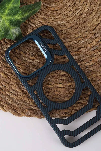 Lacivert TeknoCase İPhone 16 Pro Uyumlu Creative Fiber Case Serisi Lens Hediyeli Vakumlu Sert Silikon Telefon Kılıfı 430922