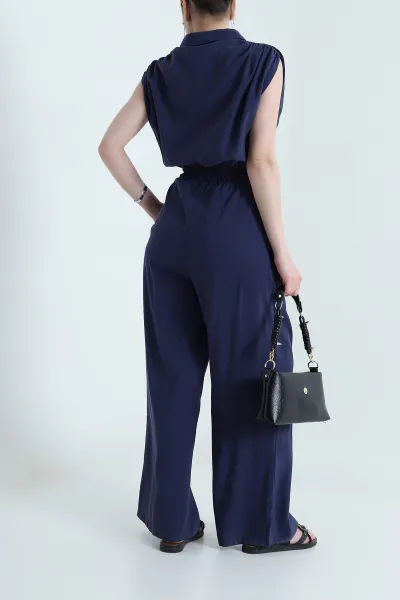 Lacivert Tencel Bel Lastikli Düğmeli Kadın Tulum 459374