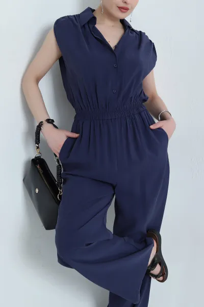 Lacivert Tencel Bel Lastikli Düğmeli Kadın Tulum 459374