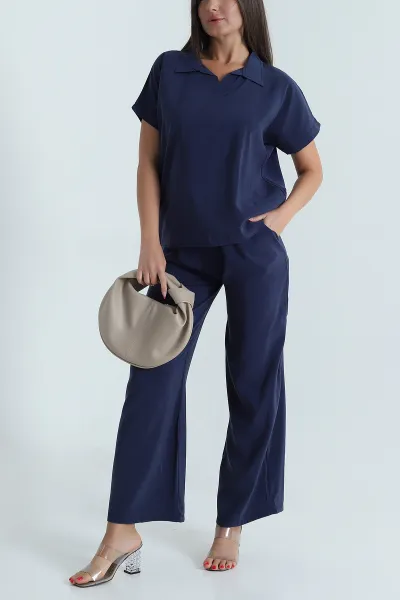 Lacivert Tencel Bel Lastikli Kadın İkili Takım 473350