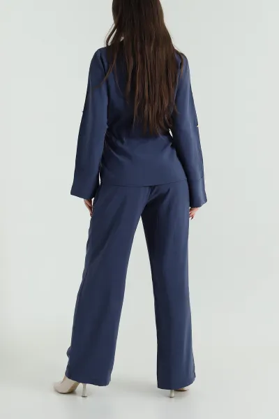 Lacivert Tencel Fermuarlı Çift Cep Kadın İkili Takım 422071