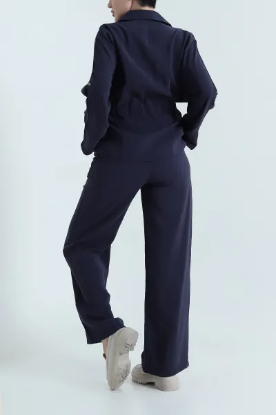 Lacivert Tencel Fermuarlı Çift Cep Kadın İkili Takım 448616