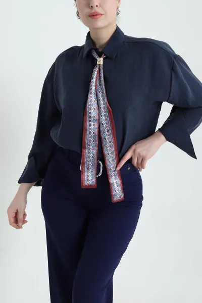 Lacivert Tencel Fular Detay Kadın Gömlek 438509