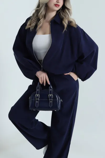 Lacivert Tencel Gabardin Astarlı Kadın İkili Takım 490934