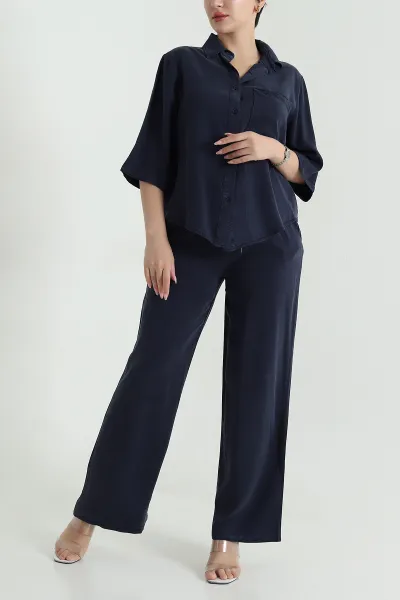 Lacivert Tencel Gömlek Pantolon Kadın İkili Takım 469726