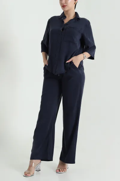 Lacivert Tencel Gömlek Pantolon Kadın İkili Takım 469726