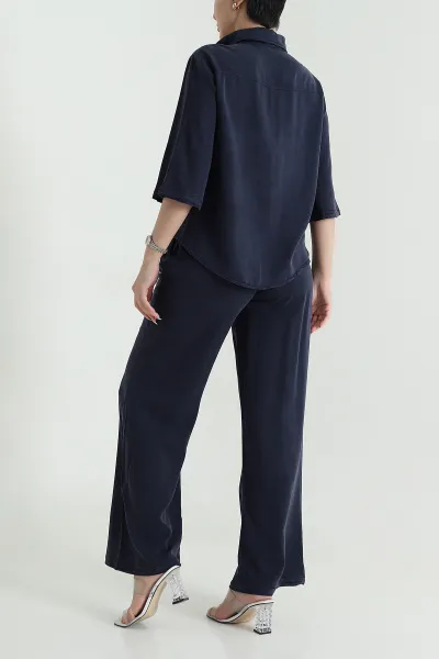 Lacivert Tencel Gömlek Pantolon Kadın İkili Takım 469726