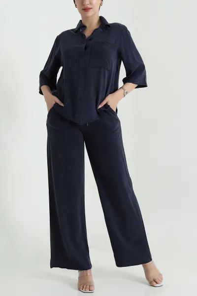 Lacivert Tencel Gömlek Pantolon Kadın İkili Takım 469726