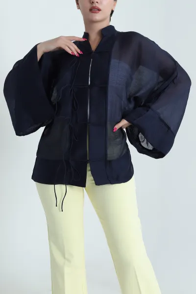 Lacivert Tencel İp Bağcıklı Kadın Gömlek 476095
