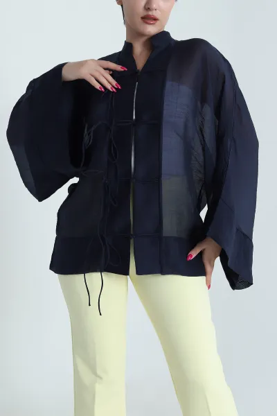 Lacivert Tencel İp Bağcıklı Kadın Gömlek 476095