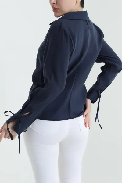 Lacivert Tencel Kol Bağcıklı Kadın Gömlek 434191