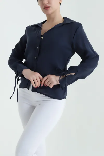 Lacivert Tencel Kol Bağcıklı Kadın Gömlek 434191
