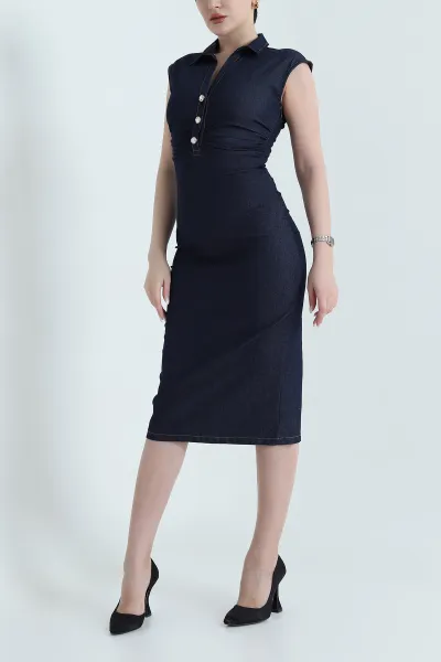 Lacivert Tencel Kot Kolsuz Drapeli Kadın Elbise 445995
