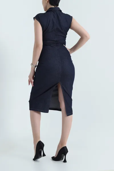 Lacivert Tencel Kot Kolsuz Drapeli Kadın Elbise 445995