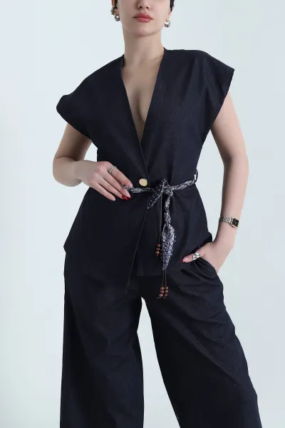 Lacivert Tencel Kot Yelek Pantolon Kadın İkili Takım 442508