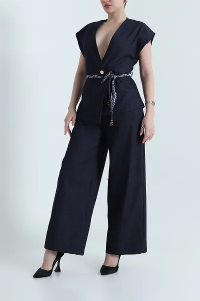Lacivert Tencel Kot Yelek Pantolon Kadın İkili Takım 442508