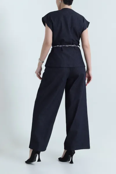 Lacivert Tencel Kot Yelek Pantolon Kadın İkili Takım 442508