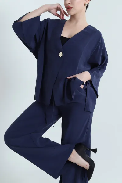 Lacivert Tencel Pantolon Bluz Kadın İkili Takım 440600