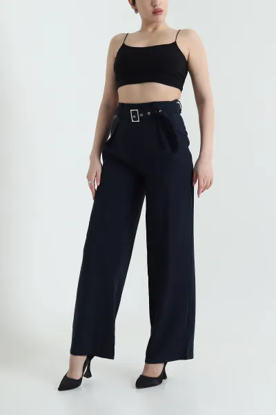 Lacivert Tencel Viskon Kemerli Bol Paça Kadın Pantolon 434289