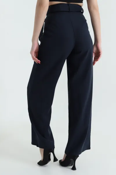 Lacivert Tencel Viskon Kemerli Bol Paça Kadın Pantolon 434289