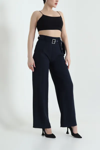 Lacivert Tencel Viskon Kemerli Bol Paça Kadın Pantolon 434289
