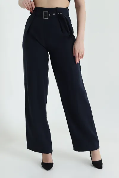 Lacivert Tencel Viskon Kemerli Bol Paça Kadın Pantolon 434289