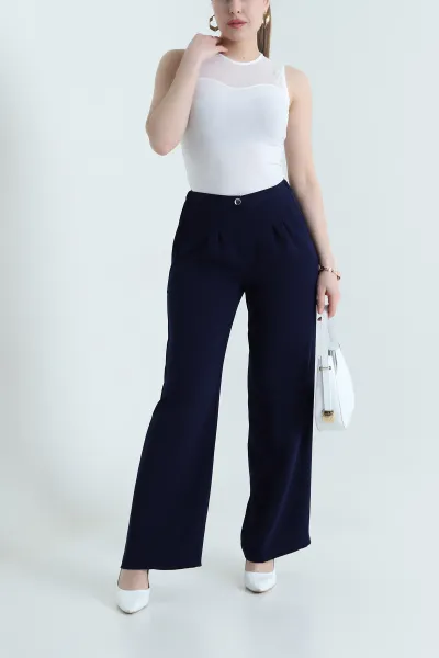 Lacivert Tensel Crep Beli Lastikli Kadın Pantolon 440773