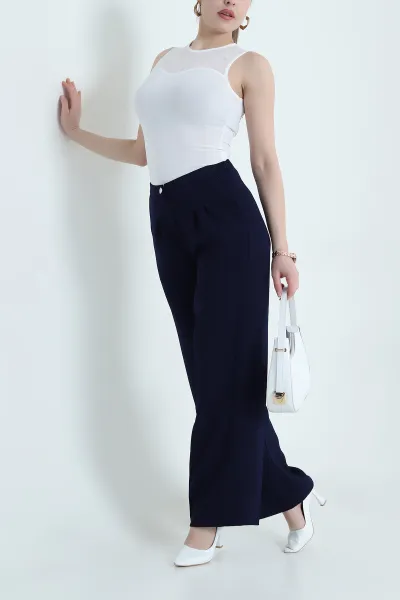 Lacivert Tensel Crep Beli Lastikli Kadın Pantolon 440773