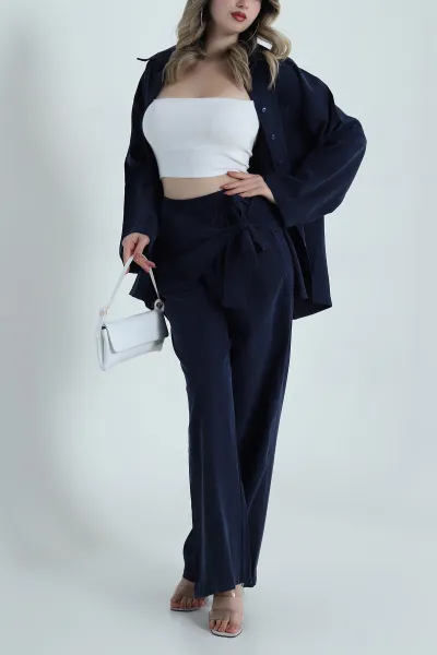 Lacivert Tensel Gabardin Fularlı Kadın İkili Takım 485643