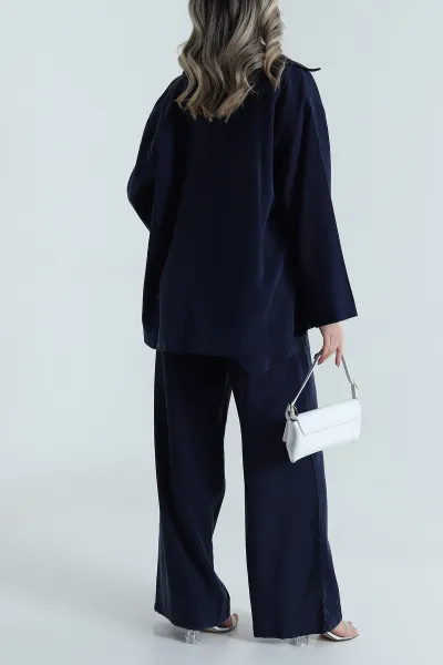 Lacivert Tensel Gabardin Fularlı Kadın İkili Takım 485643