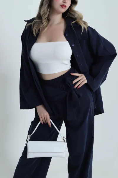 Lacivert Tensel Gabardin Fularlı Kadın İkili Takım 485643