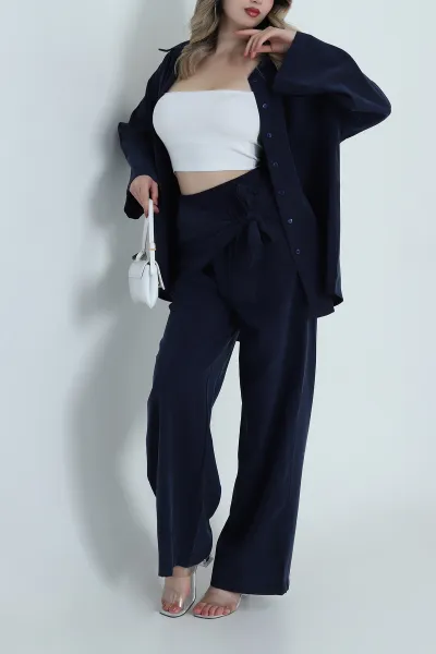 Lacivert Tensel Gabardin Fularlı Kadın İkili Takım 485643