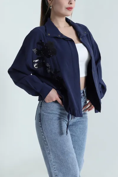 Lacivert Tensel Gabardin Kadın Mevsimlik Mont 488034