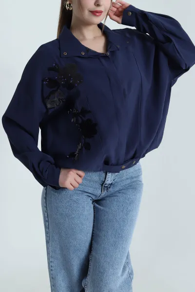 Lacivert Tensel Gabardin Kadın Mevsimlik Mont 488034