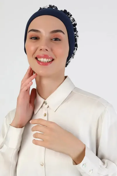 Lacivert Tesettür Dikişli Fırfırlı Bone 454230