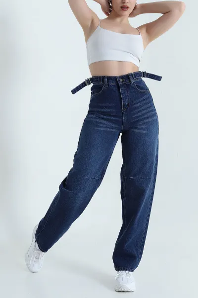 Lacivert Tokalı Baggy Kadın Kot Pantolon 446071