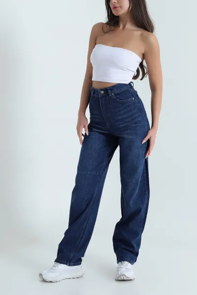Lacivert Tokalı Baggy Kadın Kot Pantolon 469586