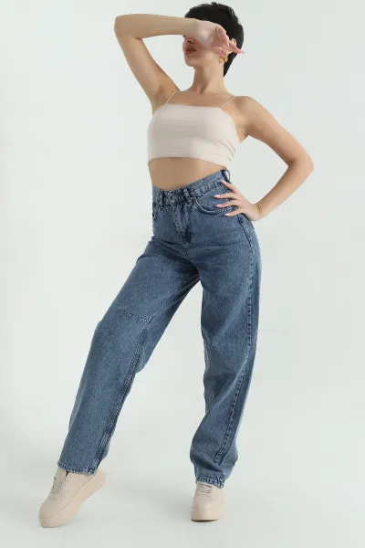 Lacivert Tokalı Cepli Baggy Kadın Kot Pantolon 375577