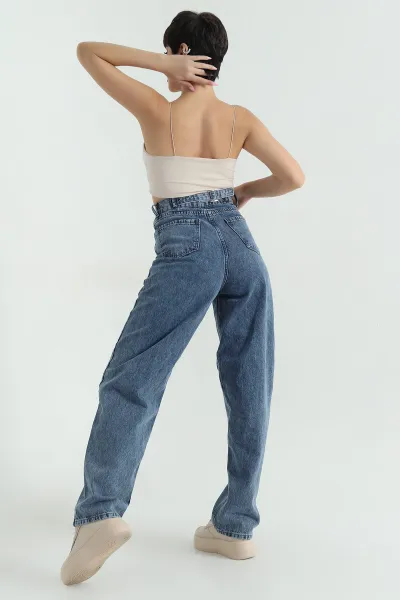 Lacivert Tokalı Cepli Baggy Kadın Kot Pantolon 375577