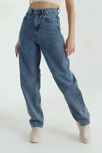 Lacivert Tokalı Cepli Baggy Kadın Kot Pantolon 375577