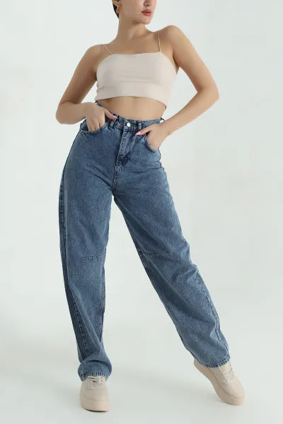Lacivert Tokalı Cepli Baggy Kadın Kot Pantolon 375577