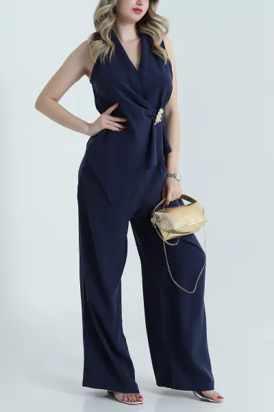 Lacivert Tokalı Tencel Bluz  Pantolon Kadın İkili Takım 472323